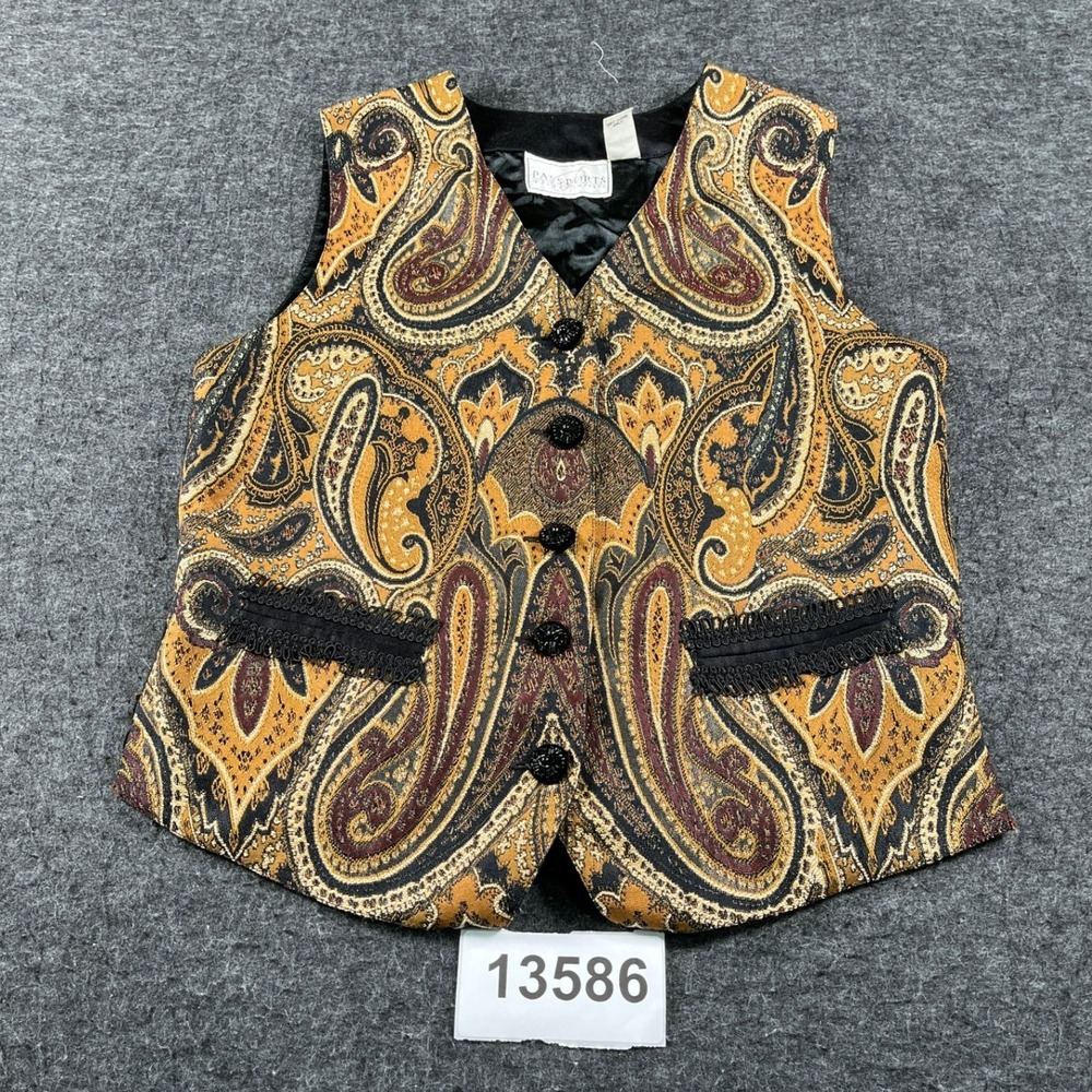 Vintage Passports Vest Womens Medium Black Gold Rayon Paisley Tapestry Tie Back